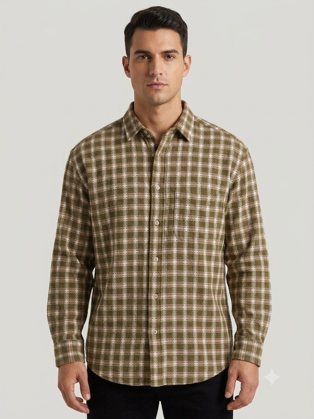 Vintage Johnny Cotton Plaid Button Up Shirt LG Made In USA Olive Green Textured